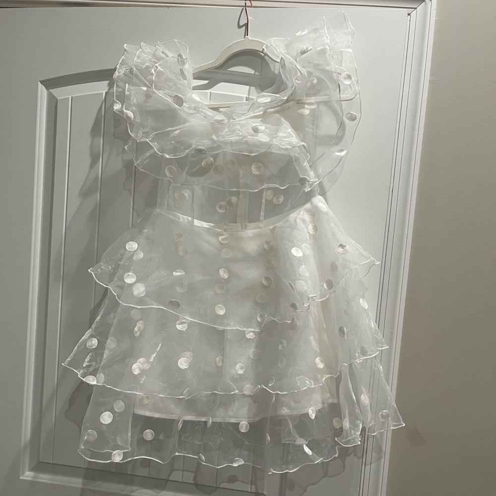 White polka dot off the shoulder dress